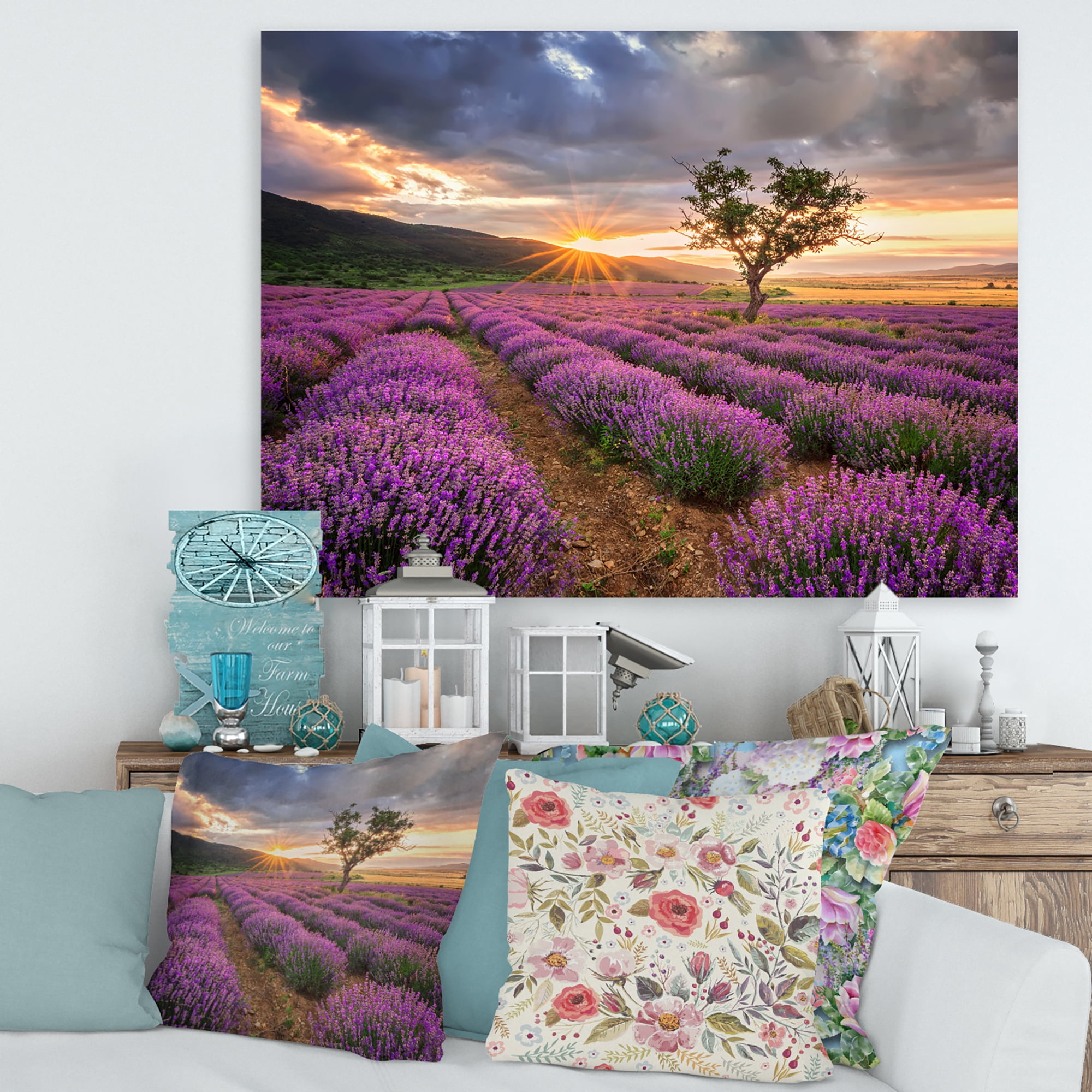 Dramatic Clouds and Sunrise Over Lavender Field VIII 8 in x 12 in Photography Canvas Art Print, by Designart