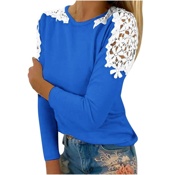 ICHUANYI Women’s Fashion Long Sleeve Tops Lace Colorblock Casual Loose Blouses Shirts Fall Winter Clothing 2023