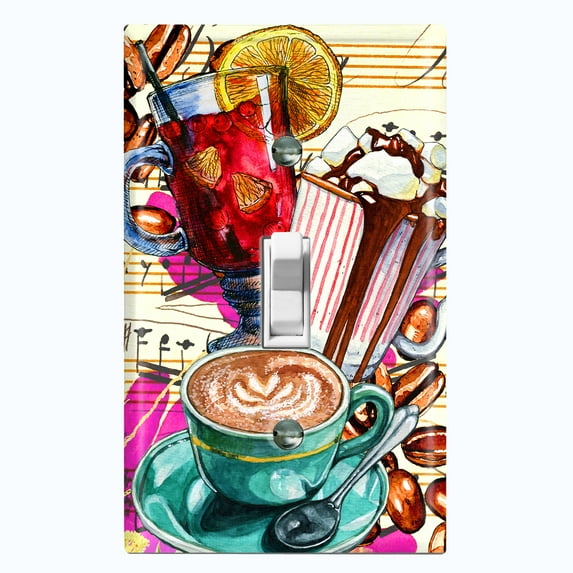 Metal Light Switch Wall Plate Outlet Cover (Coffee Beans Mocha Tea Marshmallow Treat Beige Yellow Letter - Single Toggle)