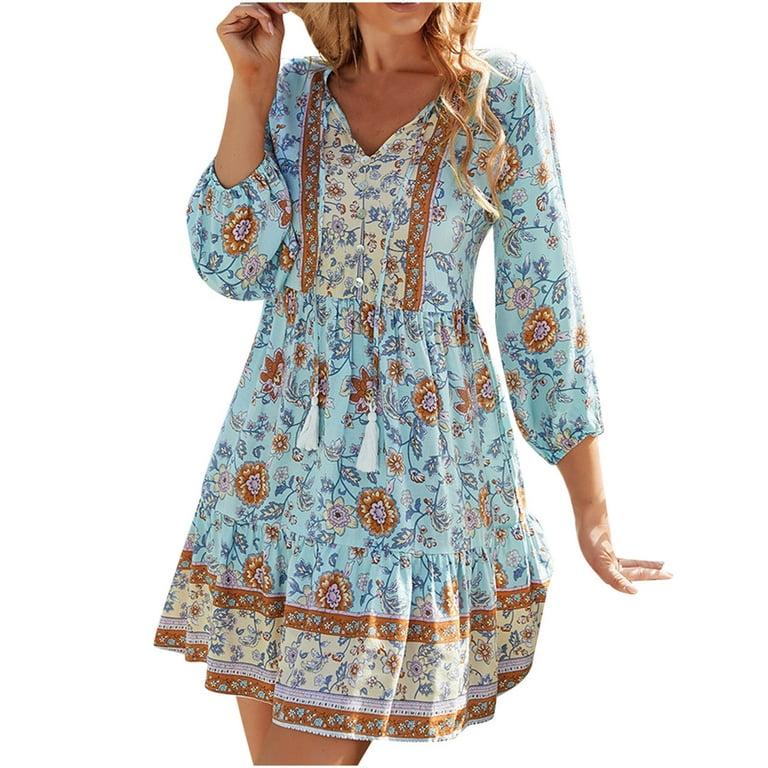 Bescita Boho Summer Dresses for Women V Neck Vintage Ethnic Style Printed  Smocked Tiered Casual A Line Flowy Midi Dress