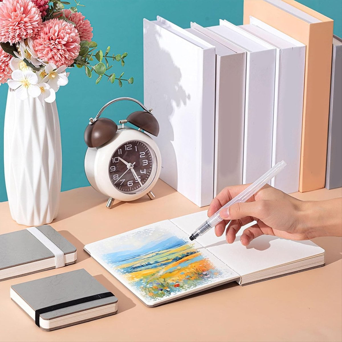 3 Pcs Watercolor Paper Sketchbook with 6 Pcs Watercolor Brush Pens 3 Size Watercolor Journal 300GSM Cotton Paper