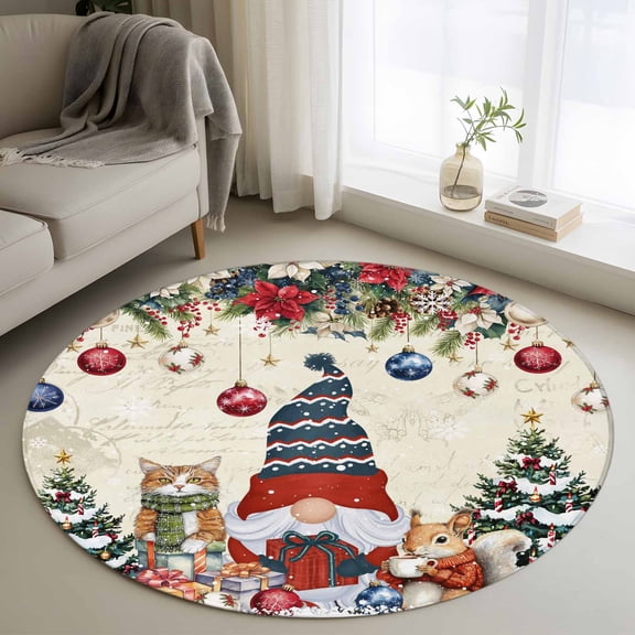 Christmas Round Area Rug 3 FT,Small Kitchen Bathroom Mat,Winter Gnomes Poinsettia Snowflakes Pine Tree Washable Indoor Outdoor Throw Runner Carpet Non-Shedding Doormat for Table Shower Sofa Entryway