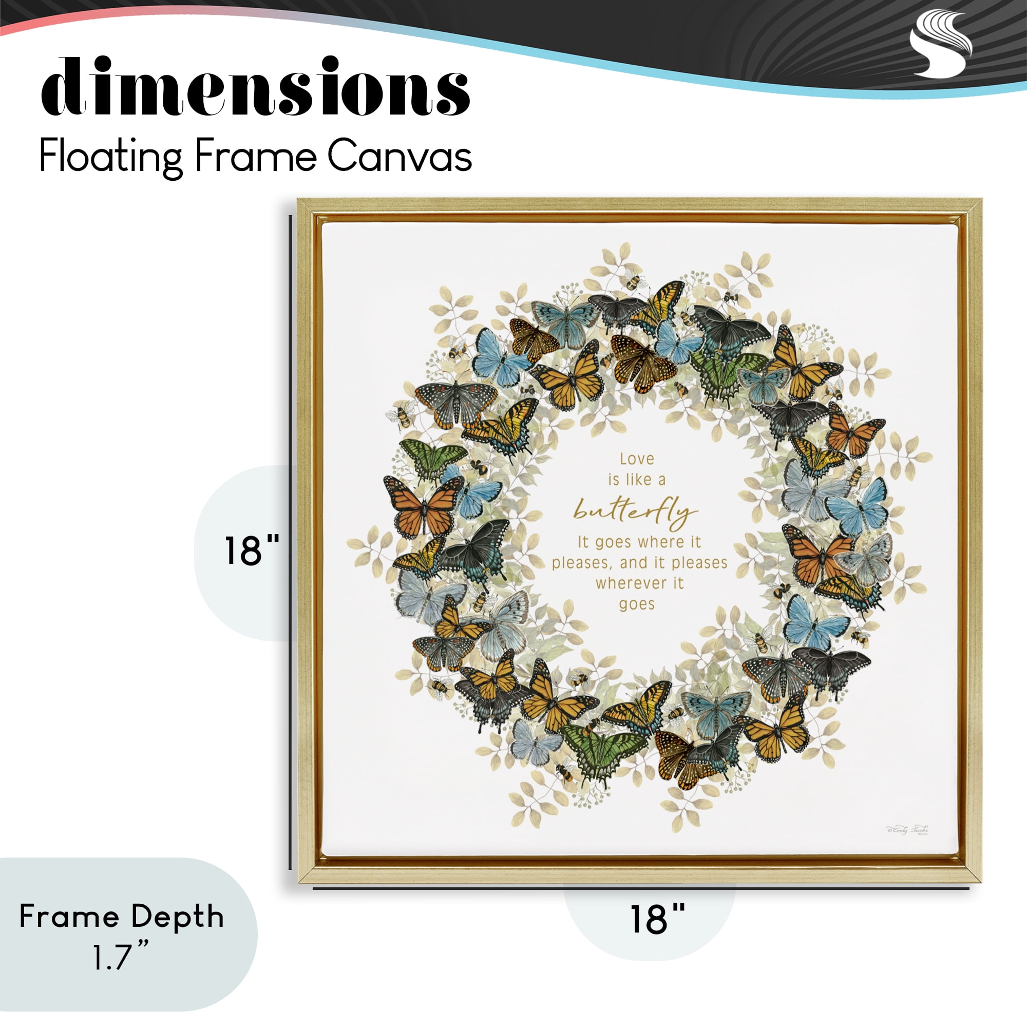 Stupell Industries Life Is Like A Butterfly Wreath Gold Framed Floater Canvas Wall Art, design by Cindy Jacobs