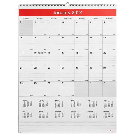 2024 Staples 22  x 29  Wall Calendar White/Red (ST53914-24)