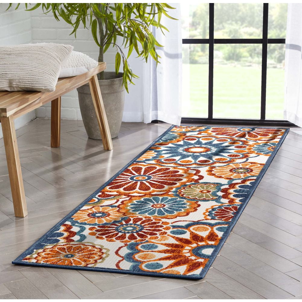 Well Woven Seri Blue Floral Indoor/Outdoor HighLow Pile Runner 2'3" x