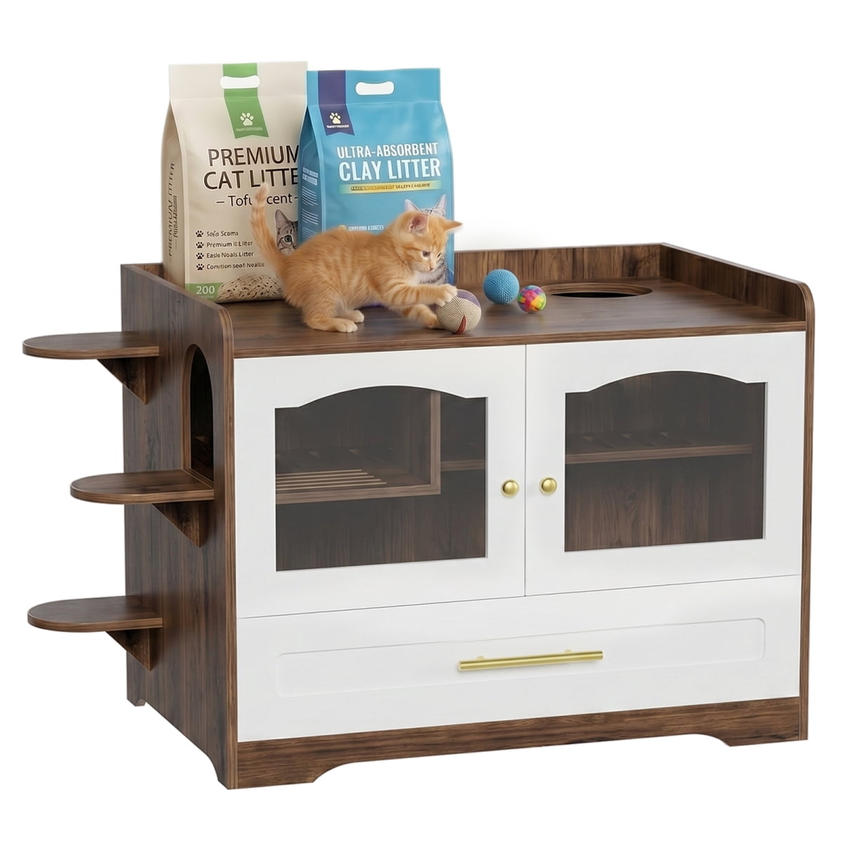 ENTU Brown+White Cat Litter Box Enclosure Furniture Hidden Litter Box Cabinet with Acrylic Doors Extra Long Runway Drawer & Staircase Dog Proof Cat Play Area for Indoor Cats