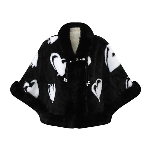 UTSJKR Women Heart Pattern Faux Fur Trim Poncho Cape Pearl Tassel Detail Warm Wrap Coat for Fall Winter Daily Dressing Black