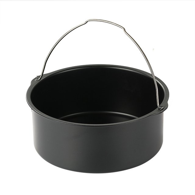 Canasta de horneado redonda con asa de acero inoxidable, ideal para pasteles, panes y pizzas en freidoras de aire, revestimiento antiadherente y diseño resistente al calor.