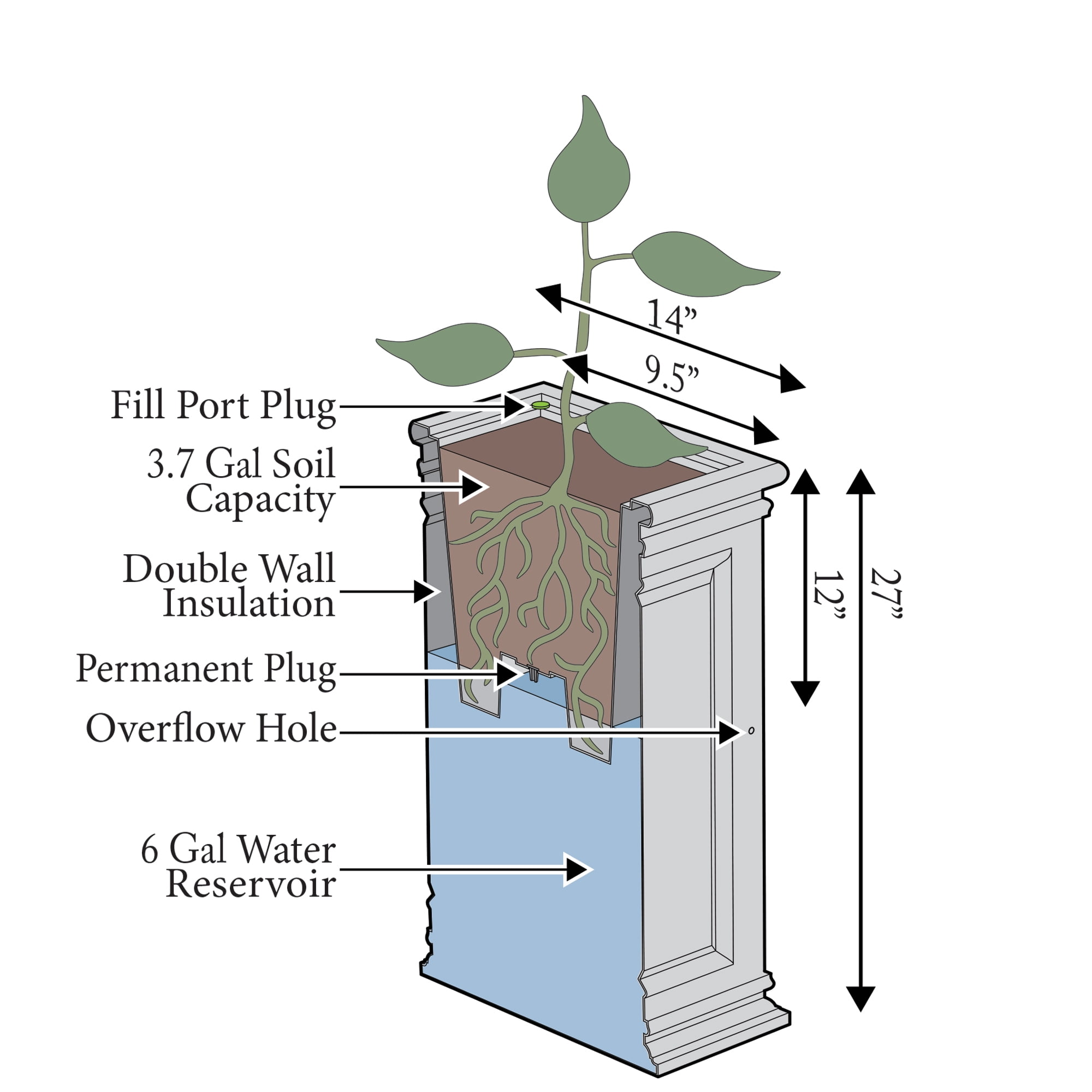 Algreen Covington 27" Self-Watering Planter, Square Pillar, White Resin