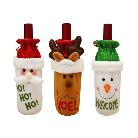 

3 Pcs Christmas Drawstring Red Wine Bottle Cover Bags Home Dinner Party Decoration (Santa Claus/Snowman/Deer)