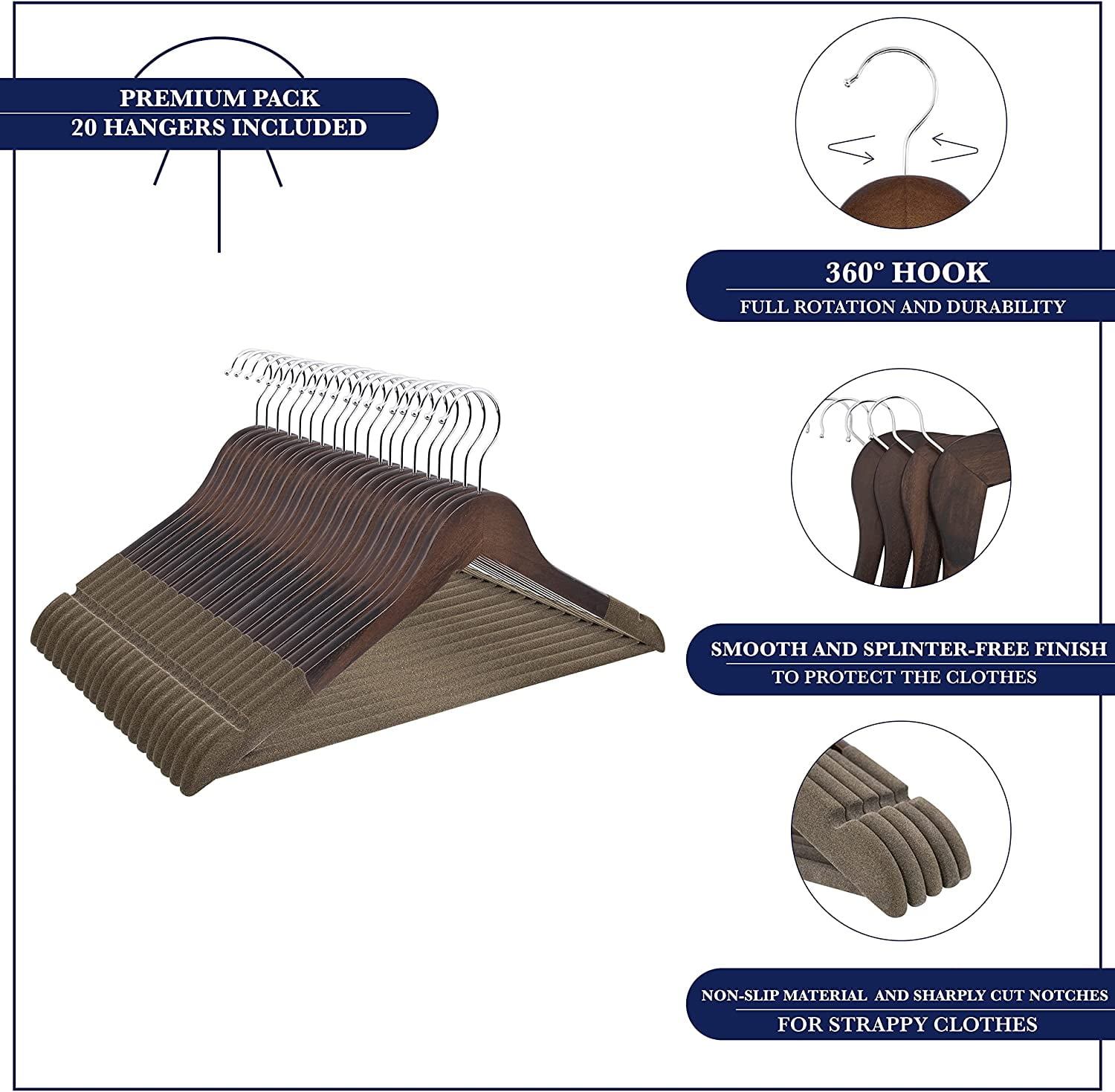 Wooden Hangers - Non Slip Luxury Natural Lotus Wood & Velvet Suit & Pants Hangers - 360 Rotating Hooks