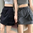 thumbnail image 3 of lanema Women Drawstring Elastic Waist Side Pockets Loose Flared A Line Mini Cargo Skirt, 3 of 16