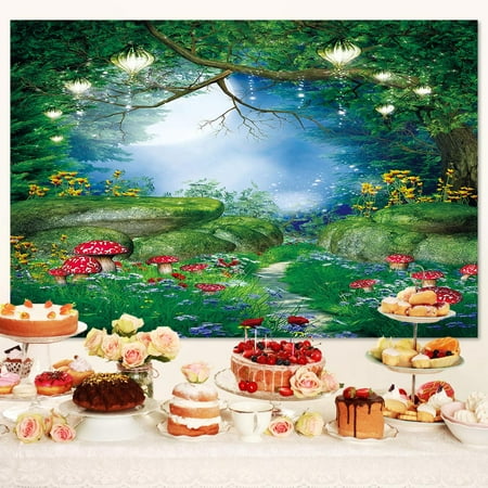 Image of Fairy Tale Backdrop Wonderland Jungle Enchanted Forest Mushroom Fantasy Magical Garden Natural Scenery Party Decorations Banner Backdrops for Photography Banner Background 5X3