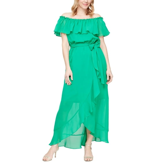 S.L. Fashions Women's Sleeveless Chiffon Wrap Dress with Cascade Ruffle Kelly 18