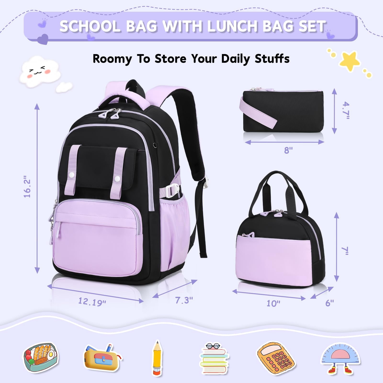 Soda Candy 3 Pcs Girls Backpack Set with Lunch Bag Pencil Case Elementary Middle School Backpacks for Kids Cute Kawaii Large Capacity Bookbag with Reflective Strip, Black Purple