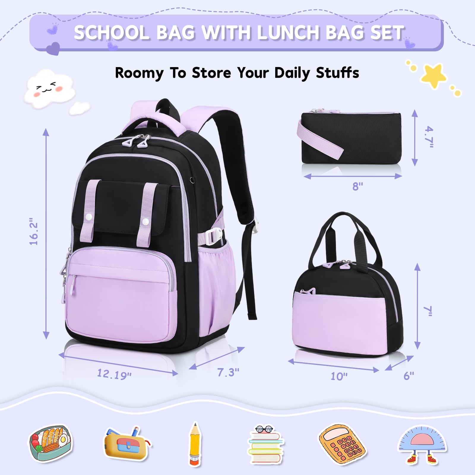 Set de 3 mochilas para niñas con lonchera y cartuchera, mochilas para primaria y secundaria, linda kawaii de gran capacidad con tira reflectante, negro y morado 2