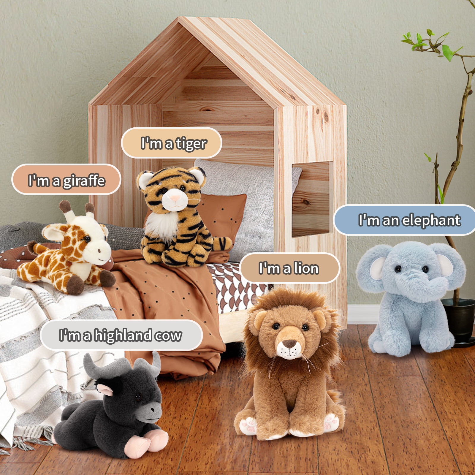 Muiteiur 5 Pieces Safari Stuffed Animals Jungle Animals Set Plush Toy(Giraffe/Tiger/Lion/Elephant/Cow)