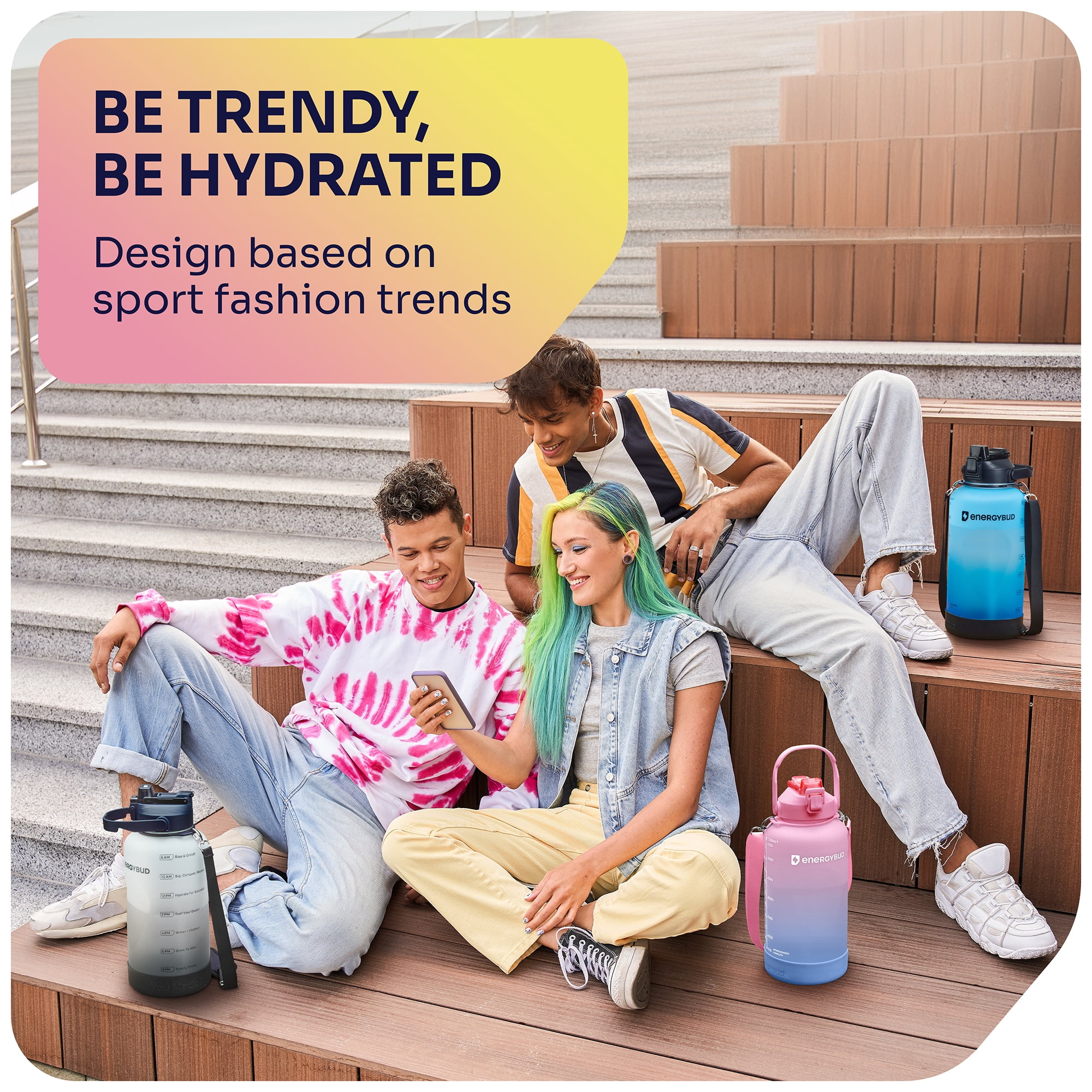 EnergyBud ½ Gallon Water Bottle with Straw and Handle, Large Motivational 74.3 oz BPA-Free Leakproof Water Jug with Strap and Time Marker for Fitness, Gym, Outdoor, and Daily Hydration