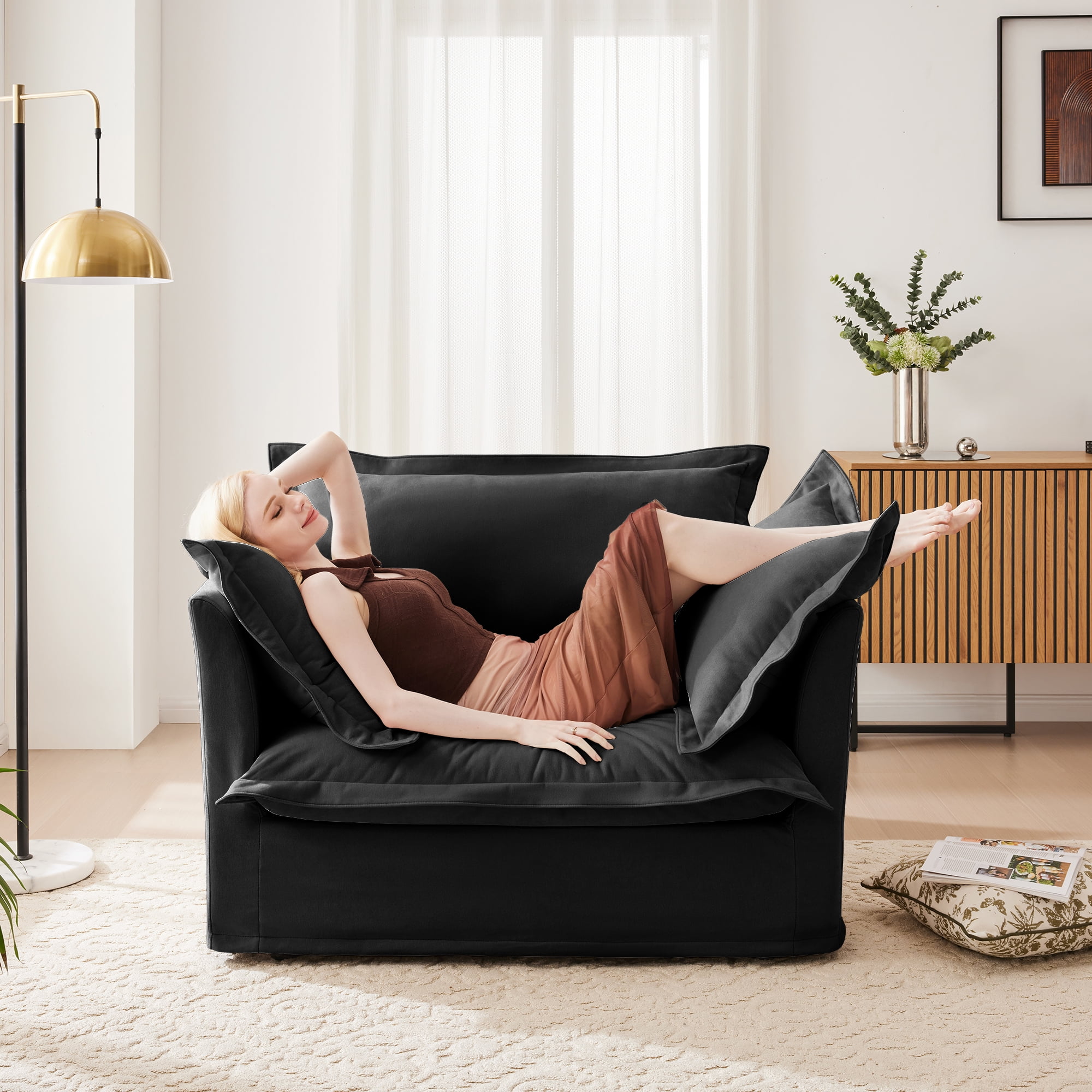 Gewnee Chenille Fabric Black Deep Seat Singel Accent Chair Sofa Couch for Living Room, Reading Room, Bedroom and Working Spaces