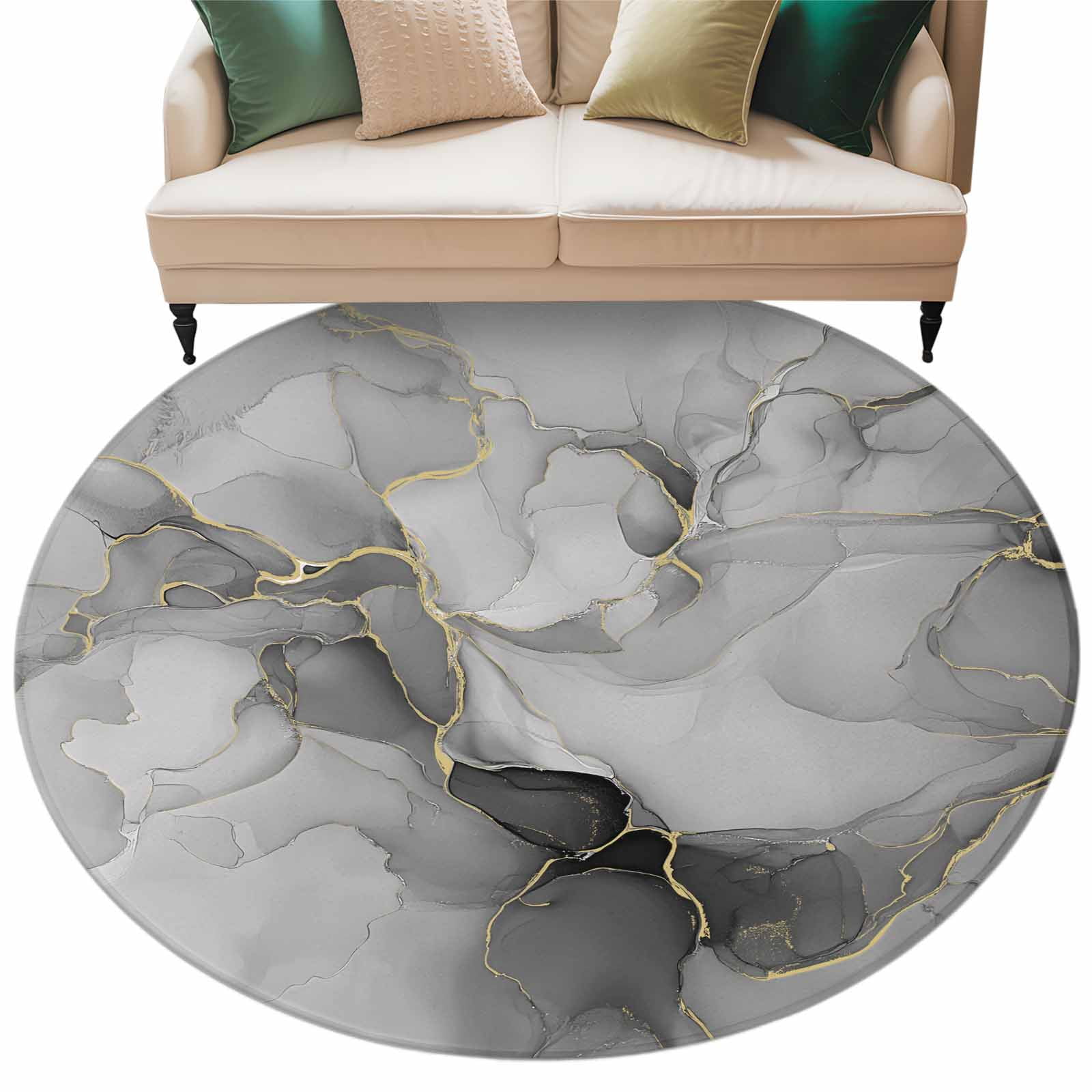 Grey Ombre Marble Round Rugs 7ft, Gray Marble Crack Abstract Modern Non Slip Washable Rug Runner, Low Pile Indoor Floor Carpet Mat Bathroom Rugs for Living Room, Bedroom, Kids Room