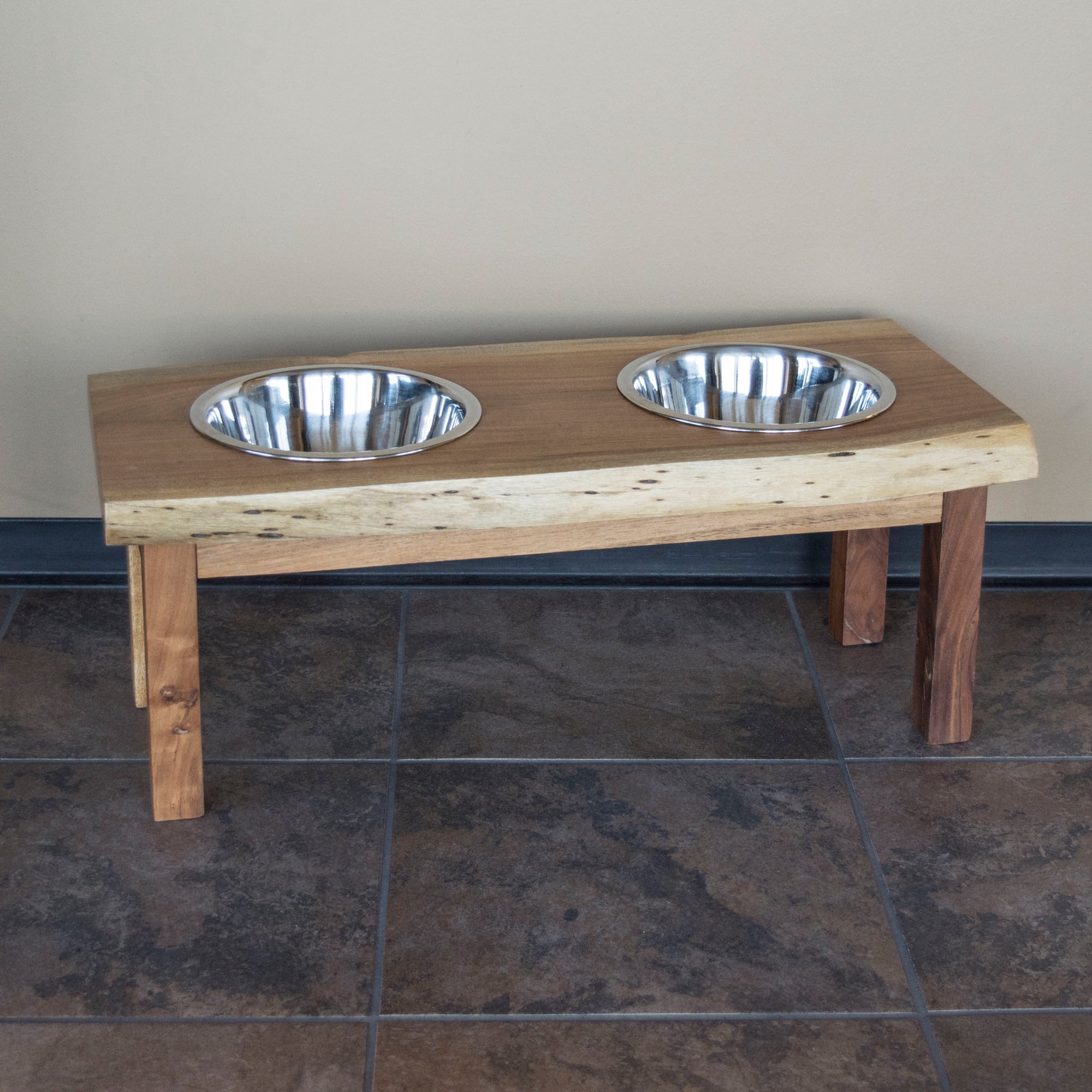 AmeriHome AWLDPF Acacia Wood Live Edge Double Bowl Pet Feeder Stand, Borwn