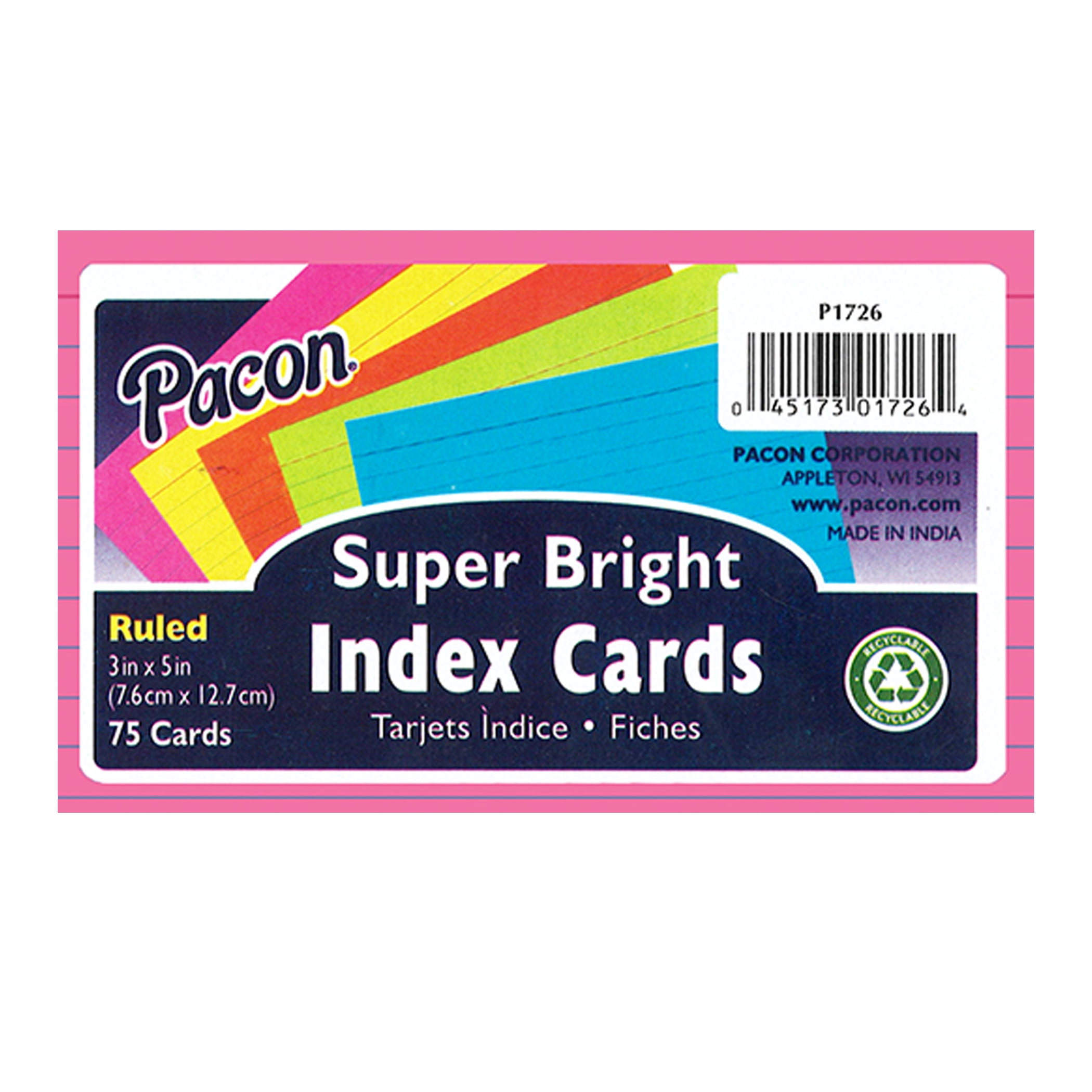 Pacon PAC1726-6 Super Bright Index Cards Ruled - 3 x 5 in. - Pack of 6
