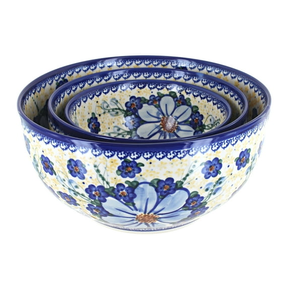 Blue Rose Polish Pottery Daisy Surprise 3 PC Mixing Bowl Set