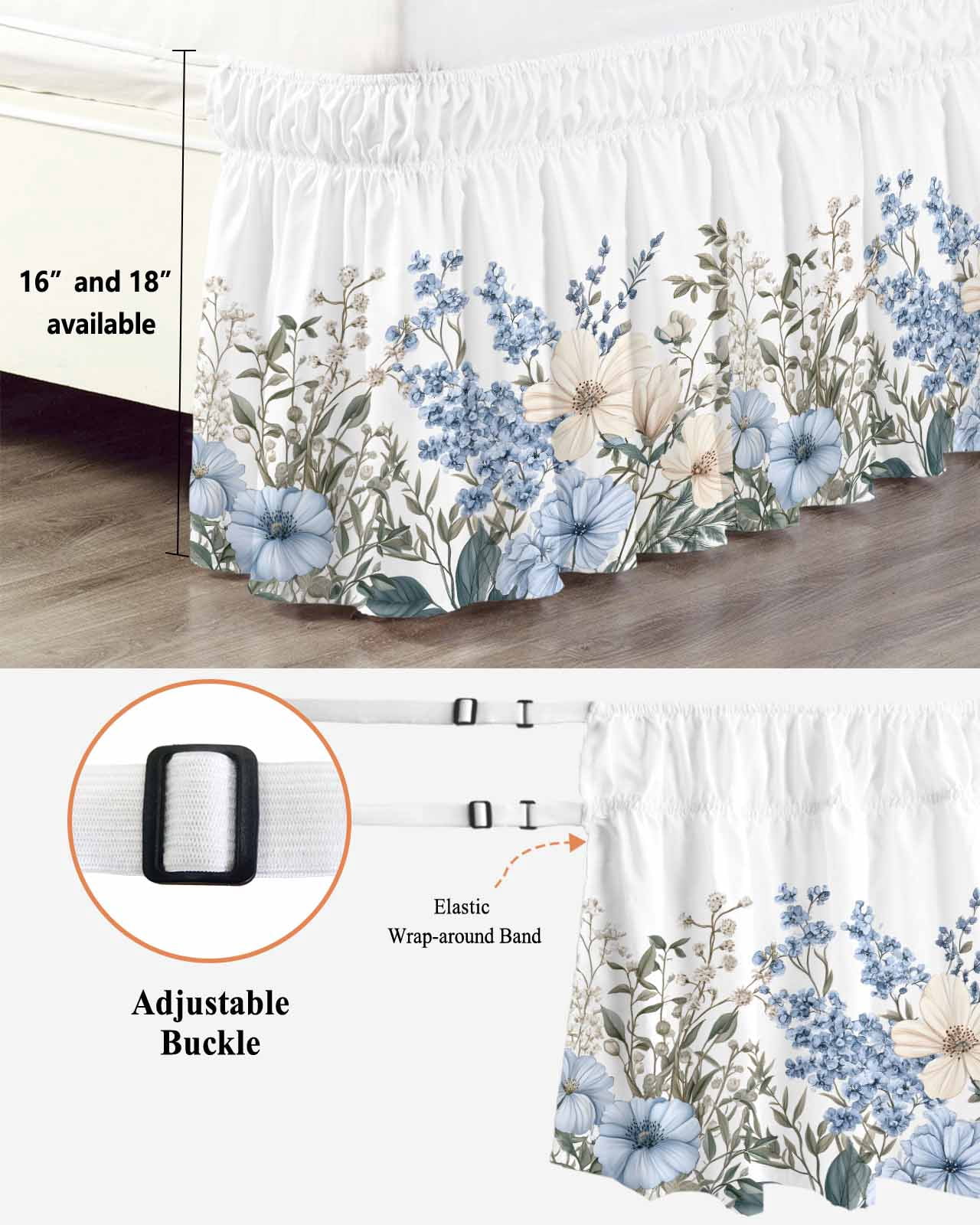 Blue Floral Spring Wrap Around Bed Skirts for Queen Bed 18" Drop,Bed Skirt with Adjustable Elastic Belt Dust Ruffle Bed Valance for Bedroom Hotel Vintage Summer Botanical Flower Bed Frame Cover