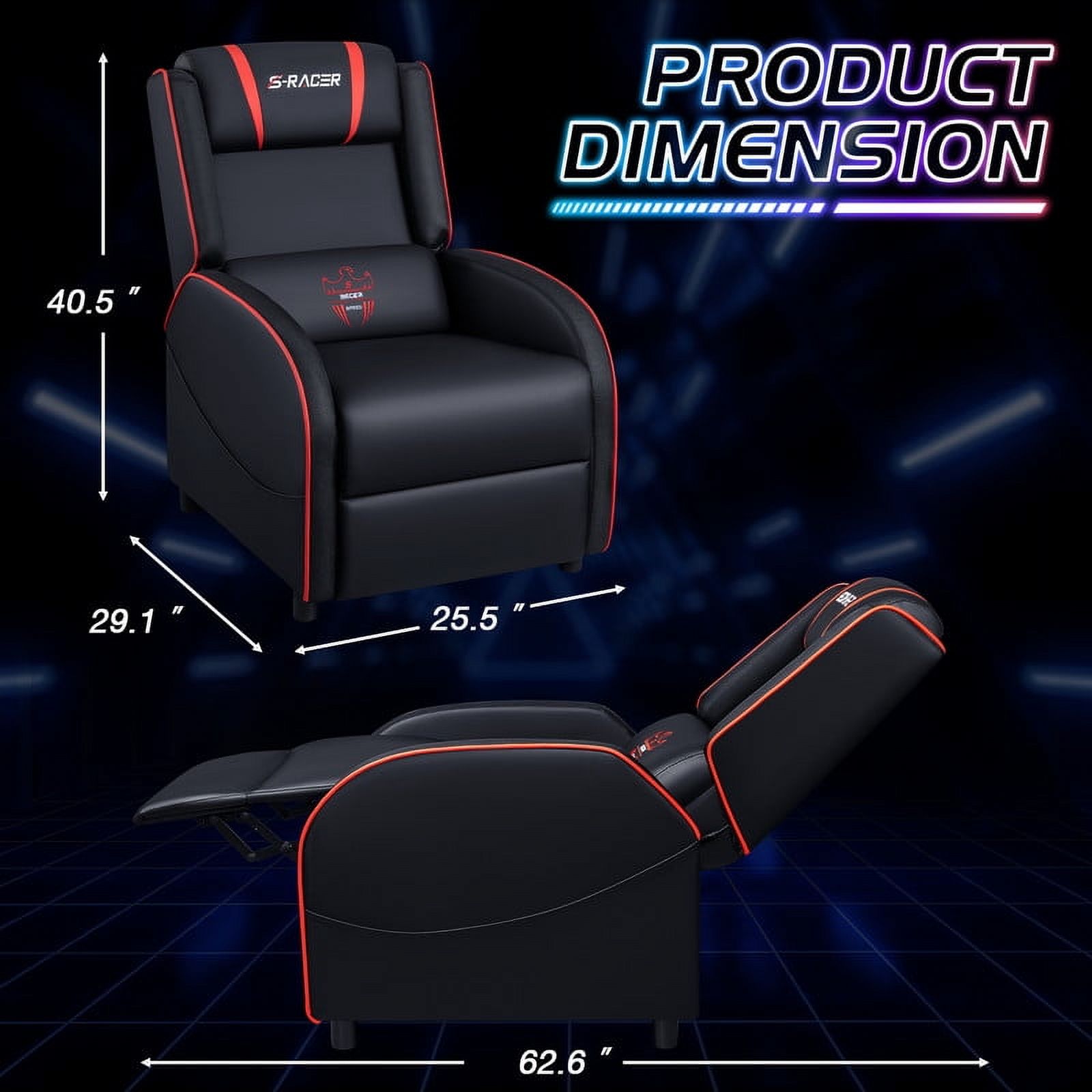 Furmax RGB LED Lights Gaming Massage Recliner Chair Racing Style Single Living Room Sofa Ergonomic Home Theater Seating with Massage Lumbar Support, Red