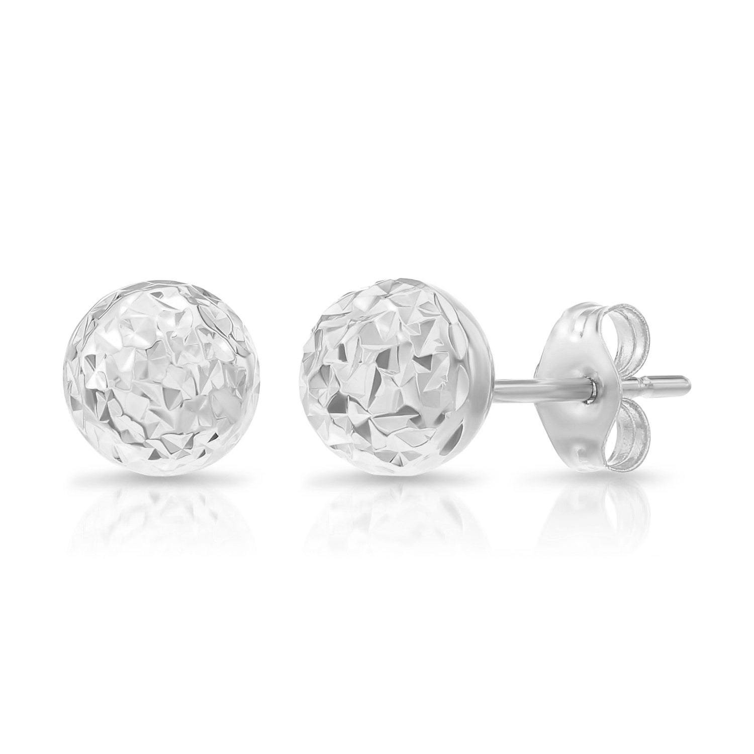14K White Gold Polished Diamond-Cut 7MM Ball Post Earrings 
