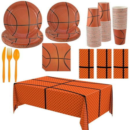 Oudain 162 Pcs CORNET Basketball Party Supplies Sports Tableware Set Basketball Rectangle Tablecloth Disposable Plates Napkins Forks Knives Cups Spoons for Sport Birthday Party Decorations