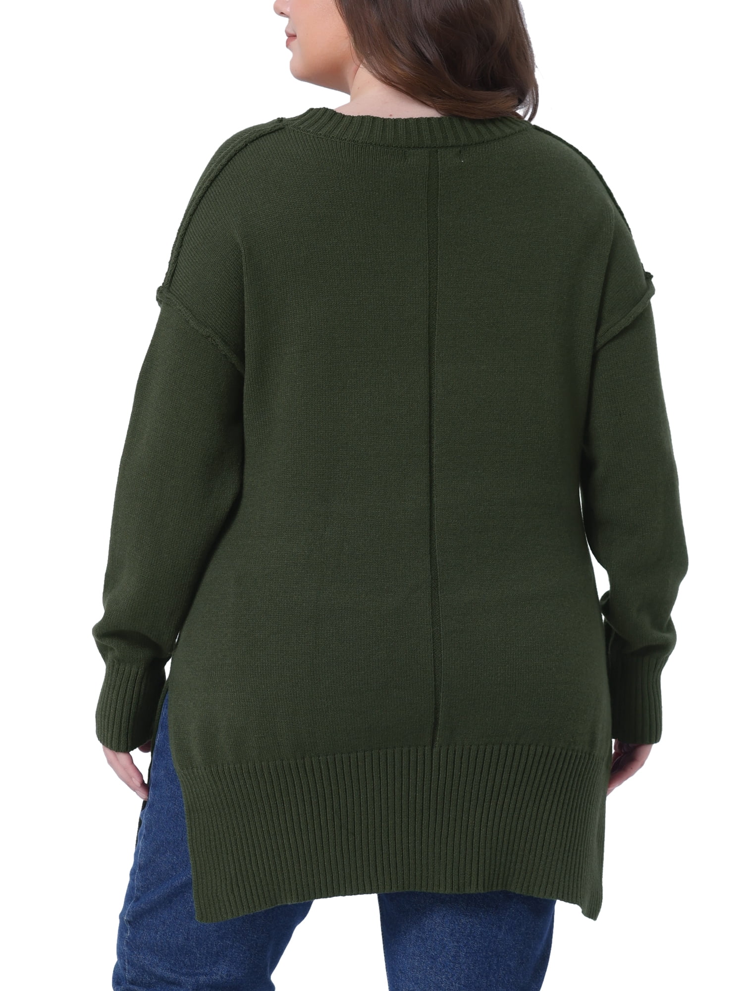 DARING DIVA Women's Plus Crew Neck Long Sleeve Slit Hem Pullover Sweater 4X Army Green
