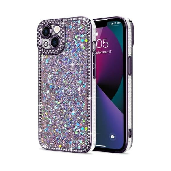 for iPhone 13 Case Glitter, Luxury Shiny Bling Sparkly Phone Cover with Crystal Diamonds Rhinestone for Women Girls Soft TPU Slim Shockproof Protective Phone Case for iPhone 13 6.1", Purple