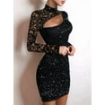 thumbnail image 3 of Women'S Glittering Long-Sleeved Lace Sheer Party Club Dress - Tight and Mini Dress Black S, 3 of 6