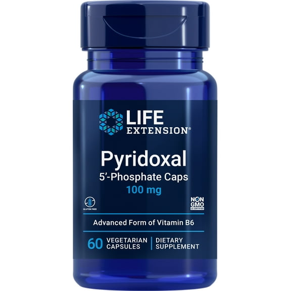 Life Extension Pyridoxal 5'-Phosphate Caps - Vitamin B6, 100 mg, bioactive B6 for cardiovascular, kidney & nerve health - Gluten-Free, Non-GMO, Vegetarian - 60 Capsules