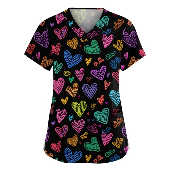 Valentines Day Scrub Tops Women Plus Size Hoilday V Neck Cute Valentine Love Printed Scrub Shirts Casual Short Sleeve Scrubs Medical Nurse Uniform Nursing Workwear with Pockets Navy 4XL