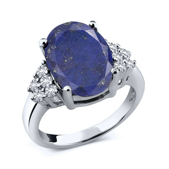 Gem Stone King 4.40 Ct Oval Blue Lapis White Created Sapphire 925 Sterling Silver Ring (Size 6)