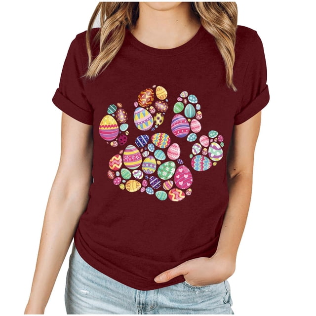 EGNMCR Chemise de Pâques pour Femmes Imprimé de Pâques Manches Courtes Col Rond T-Shirt