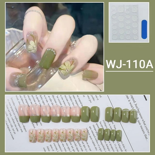 Short Press On Nails, Glossy Square Green False Nails, Full Cover Fake Nails With Flower Design, For Women And Girls