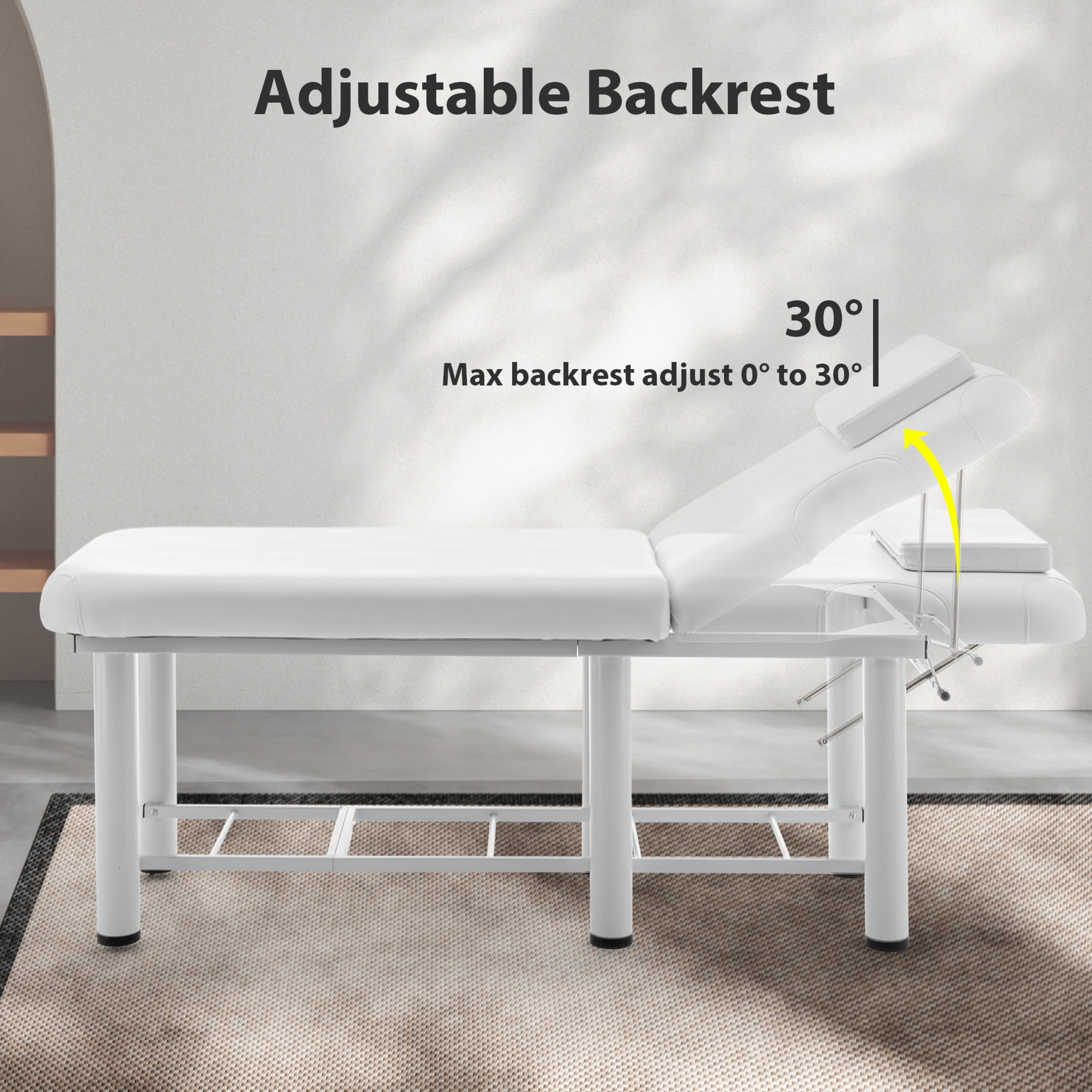 Noble House Massage Table with Adjustable Backrest, Removable Headrest, and Storage Shelf, Salon Bed, White