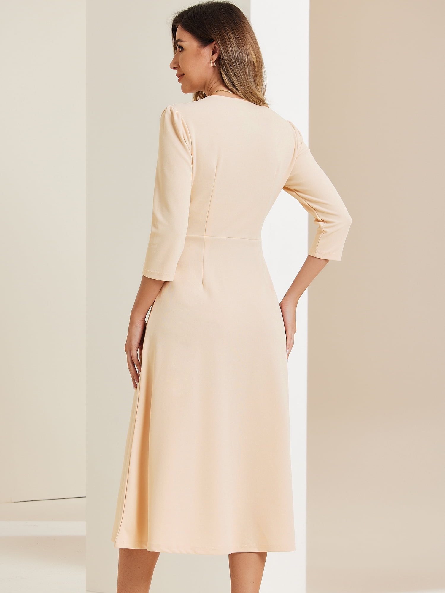 DARING DIVA Work Office Elegant 3/4 Sleeve V Neck A-Line Dress L Deep Apricot