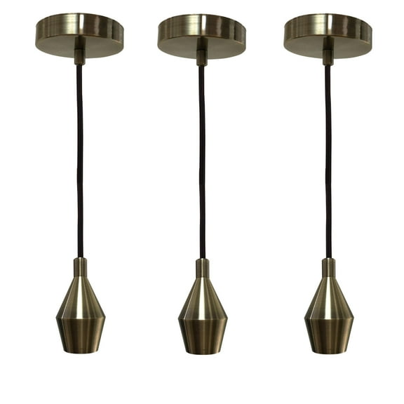 Royal Designs Keyless Antique Brass Cone-Shaped Pendant Light Socket and Canopy with Brown Rayon Fabric Cord, Set of 3