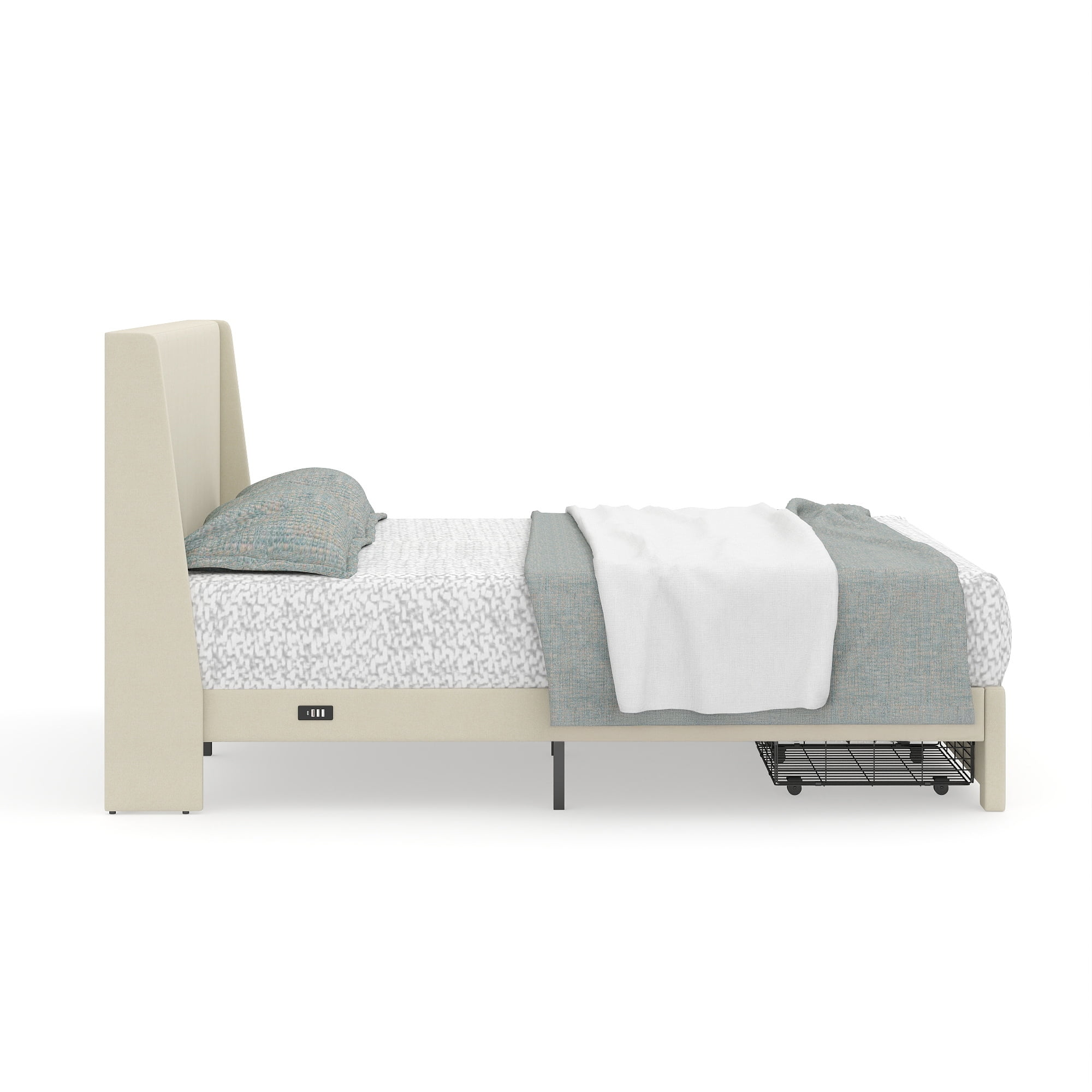Homy Casa Upholstered Platform Bed with USB Ports and Storage Drawers, Queen, Beige