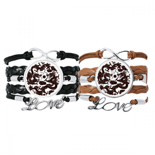 Two Chinese Dragon Animal Pearl Circle Bracelet Hand Strap Leather Rope Wristband Double Set