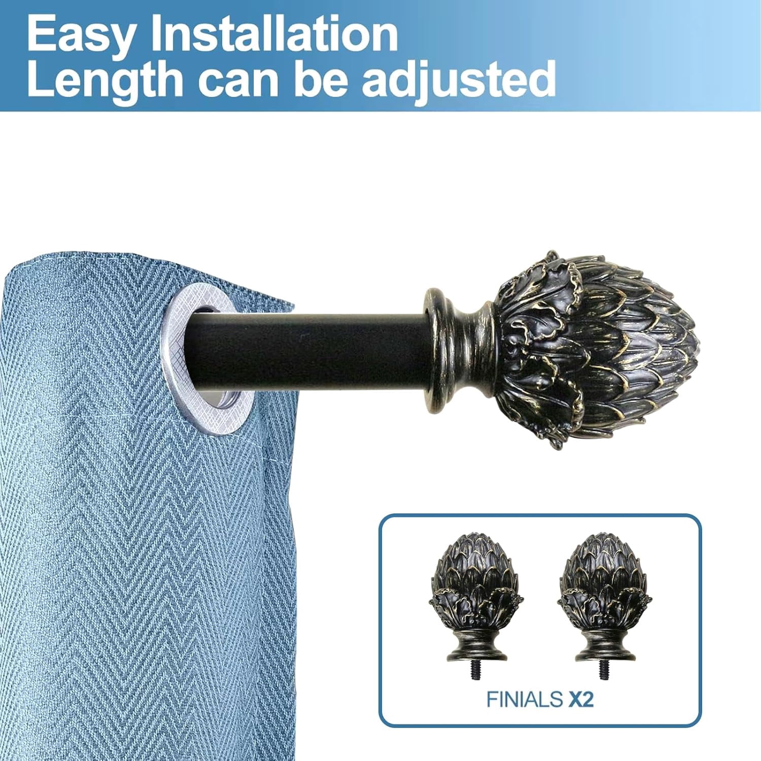 Urbanest Adjustable Single Curtain Rod Set Burnt Gold Artichoke Finials – 1 - Inch Diameter, With Black Rod, 84–120 Inches
