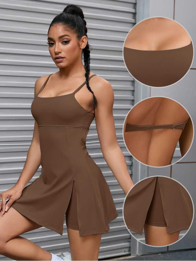 Unique Bargains Women's Tennis Dress, 100% Polyester, Brown, Small, Square Neck with Side Slit and Built-in Bra