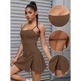 thumbnail image 3 of Unique Bargains Women's Tennis Dress with Built-in Bra Side Slit Slips Dresses L Brown, 3 of 6