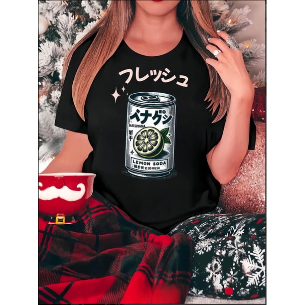Camiseta de mujer Trajes de verano Traje Camiseta de cuello redondo para viajes de compras deportivas Women's Casual Crew Neck T-Shirt with Geometric Lemon Soda Print, Polyester 95% Spandex 5%, Me