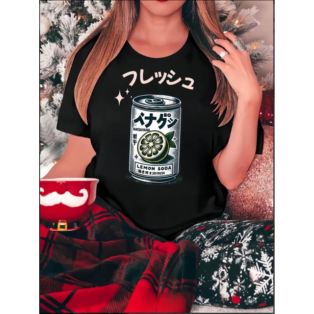 Camiseta de mujer Trajes de verano Traje Camiseta de cuello redondo para viajes de compras deportivas Women's Casual Crew Neck T-Shirt with Geometric Lemon Soda Print, Polyester 95% Spandex 5%, Me