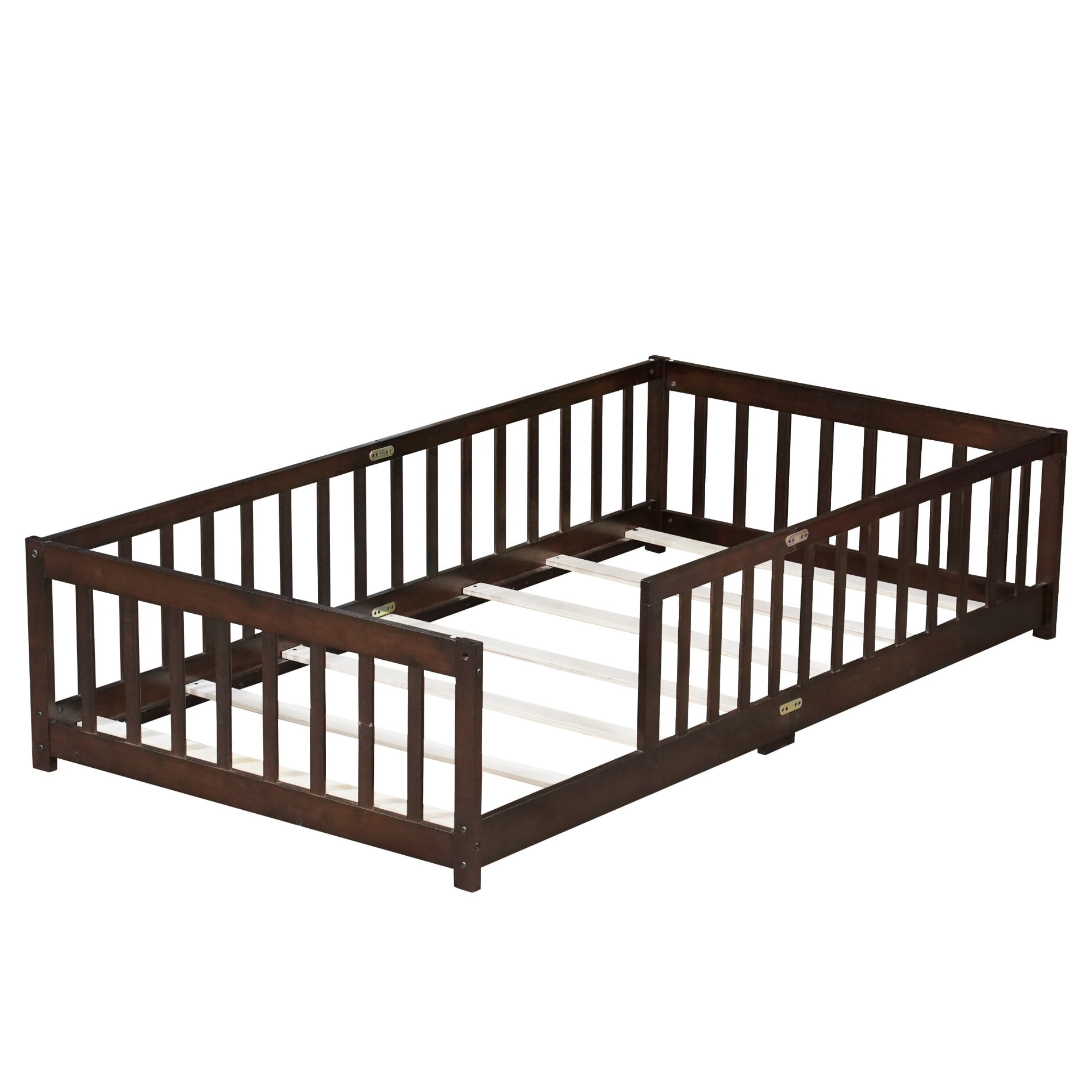 Alvantor Twin Size Floor Bed, Solid Wood Toddler Bed with Slat and Fence Guardrail, Montessori Floor Bed for Kids, Boys, Girls,Espresso